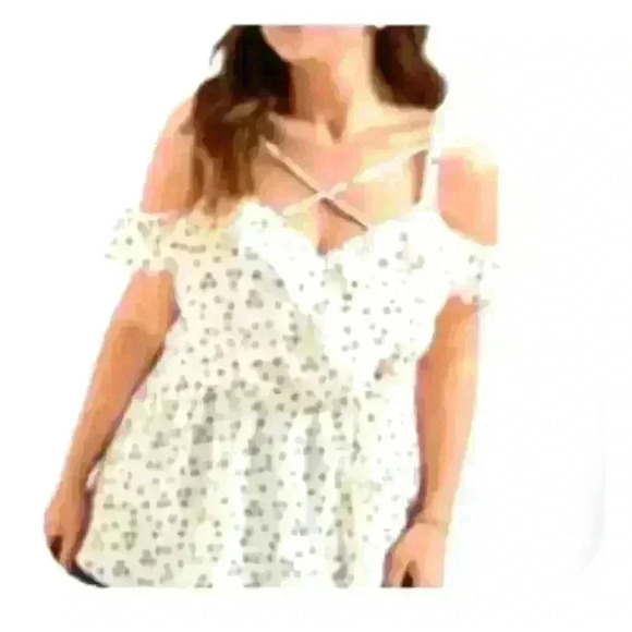 Ditsy Floral Ruffles Crisscross Cold Shoulder Blouse - Picture 1 of 5